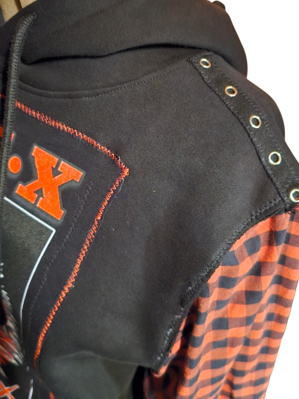 Upcycled NOFX Punk Hoodie Custom Rework Plaid Sleeves M - Picture 3 of 5